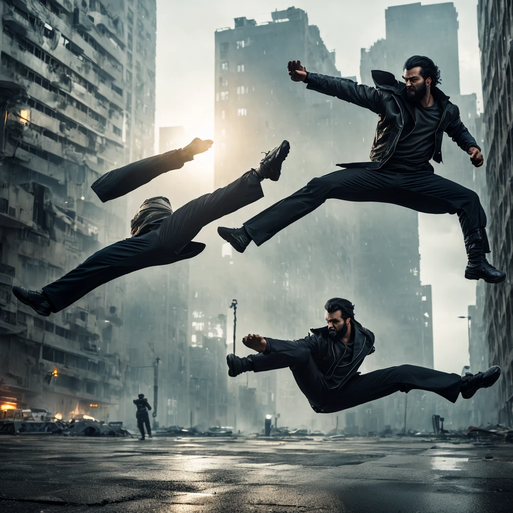 a man, clean face, dystopian clothes, performs a roundhouse kick in the air, creating a visual effect of air distortion following the movement of the kick, accompanied by gusts of wind on the surface, from the direction of the camera you can see the hand as if it is about to block the kick, abandoned apartment background, very detailed, high saturation, UHD , cinematic