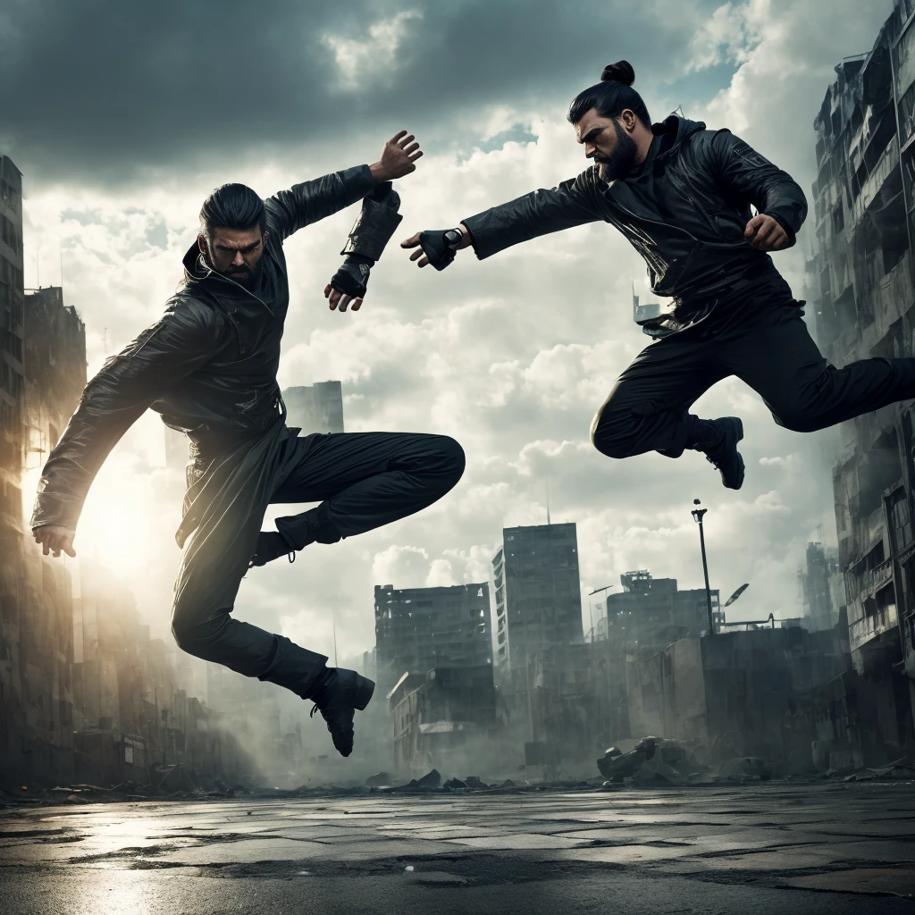 a man, clean face, dystopian clothes, performs a roundhouse kick in the air, creating a visual effect of air distortion following the movement of the kick, accompanied by gusts of wind on the surface, from the direction of the camera you can see the hand as if it is about to block the kick, abandoned apartment background, very detailed, high saturation, UHD , cinematic