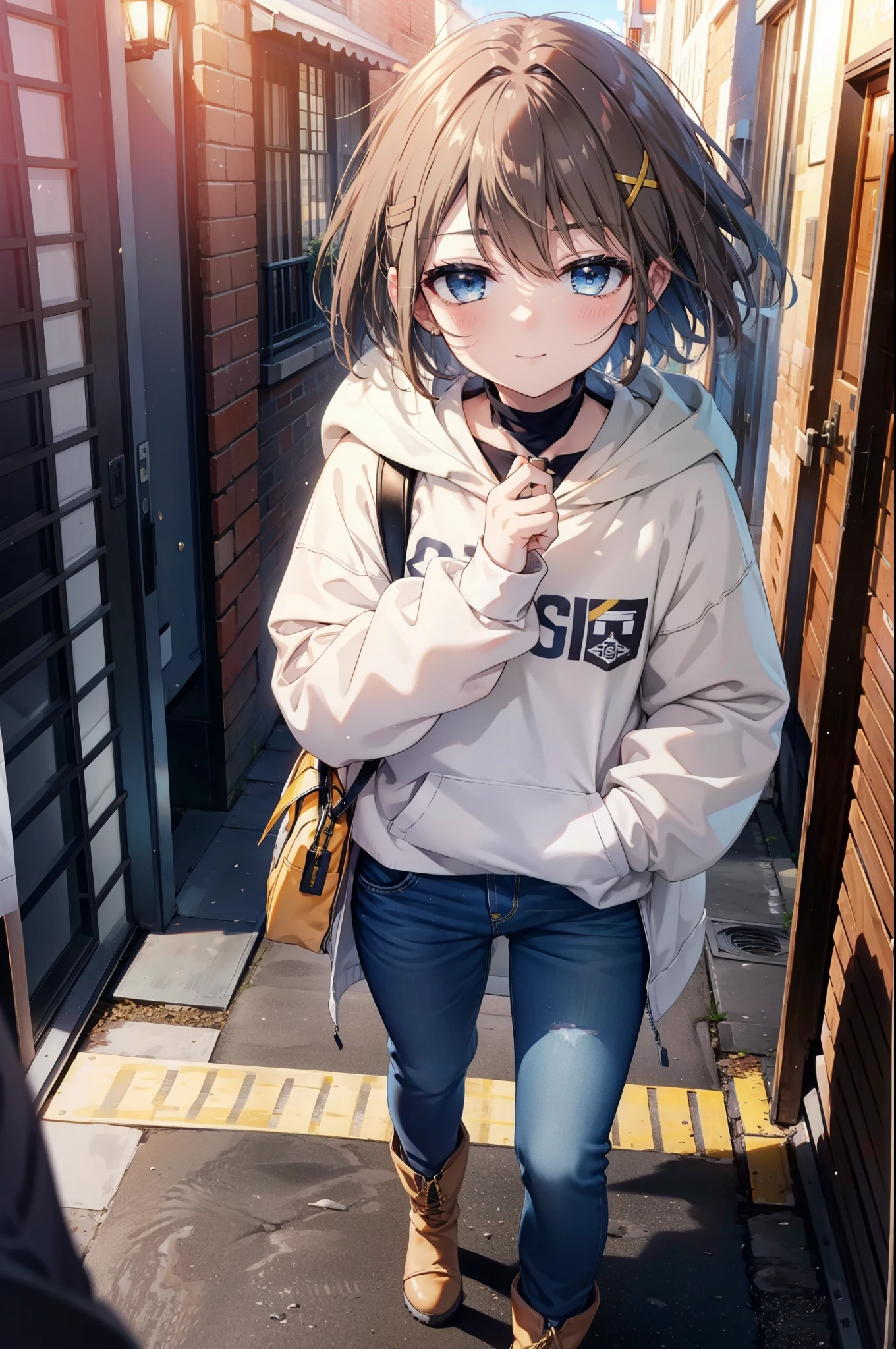 Hayate Yagami, short hair, blue eyes, Dark brown hair, hair ornaments, x hair ornaments,happy smile, smile, Close your mouth,blush,Oversized yellow hoodie,jeans,short boots,Walking,whole bodyがイラストに入るように,Daytime,Cold Sky,
break outdoors, Building district,
break looking at viewer, whole body,
break (masterpiece:1.2), Highest quality, High resolution, unity 8k wallpaper, (figure:0.8), (Beautiful attention to detail:1.6), Highly detailed face, Perfect lighting, Highly detailed CG, (Perfect hands, Perfect Anatomy),