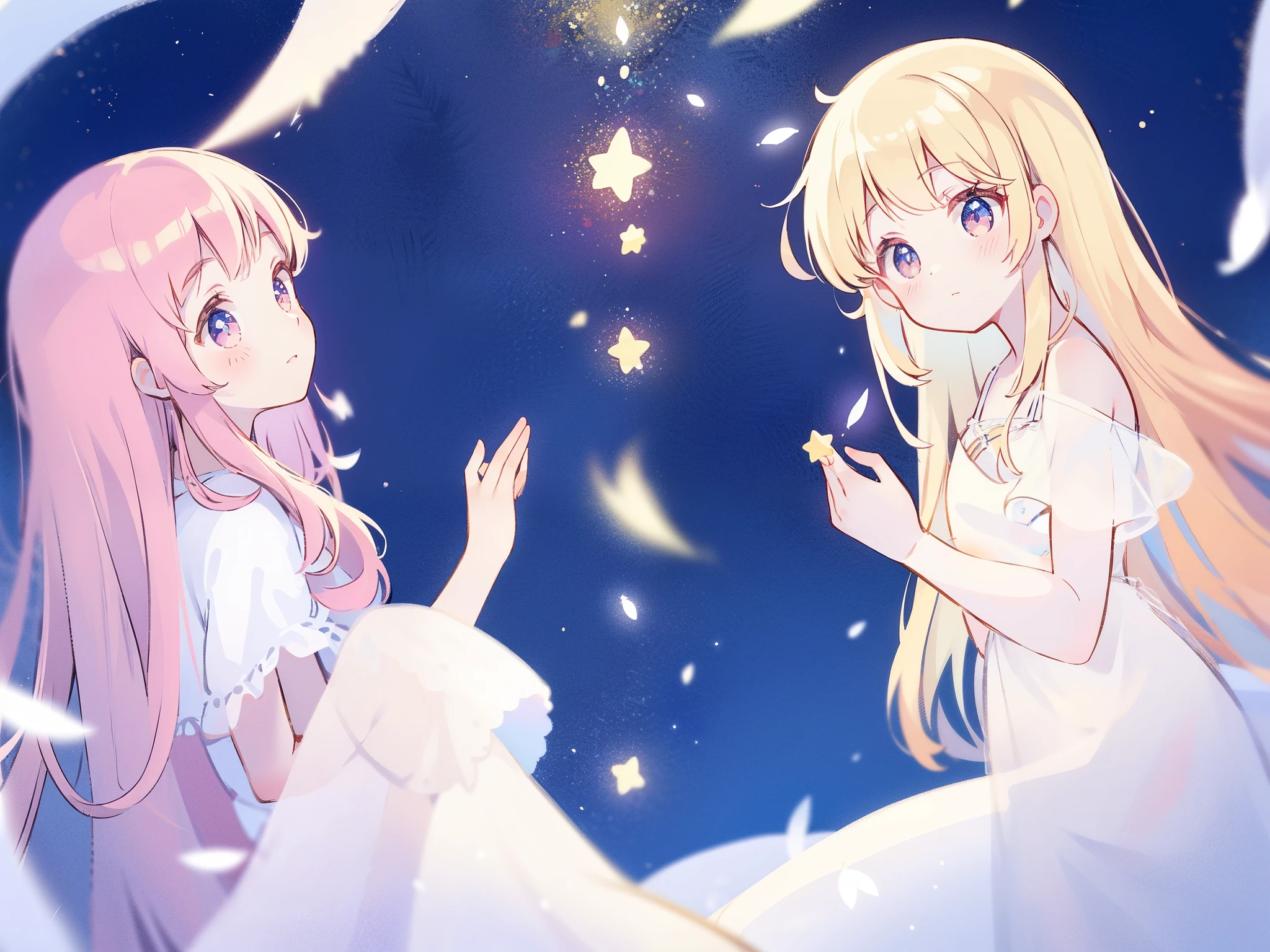 angel girl wearing an ethereal translucent dress, pale skin and light pink hair, white feathers, angel wings, sparkling detailed eyes, golden ratio face, perfect composition, highly detailed, ethereal, (starry night sky background), midjourney style