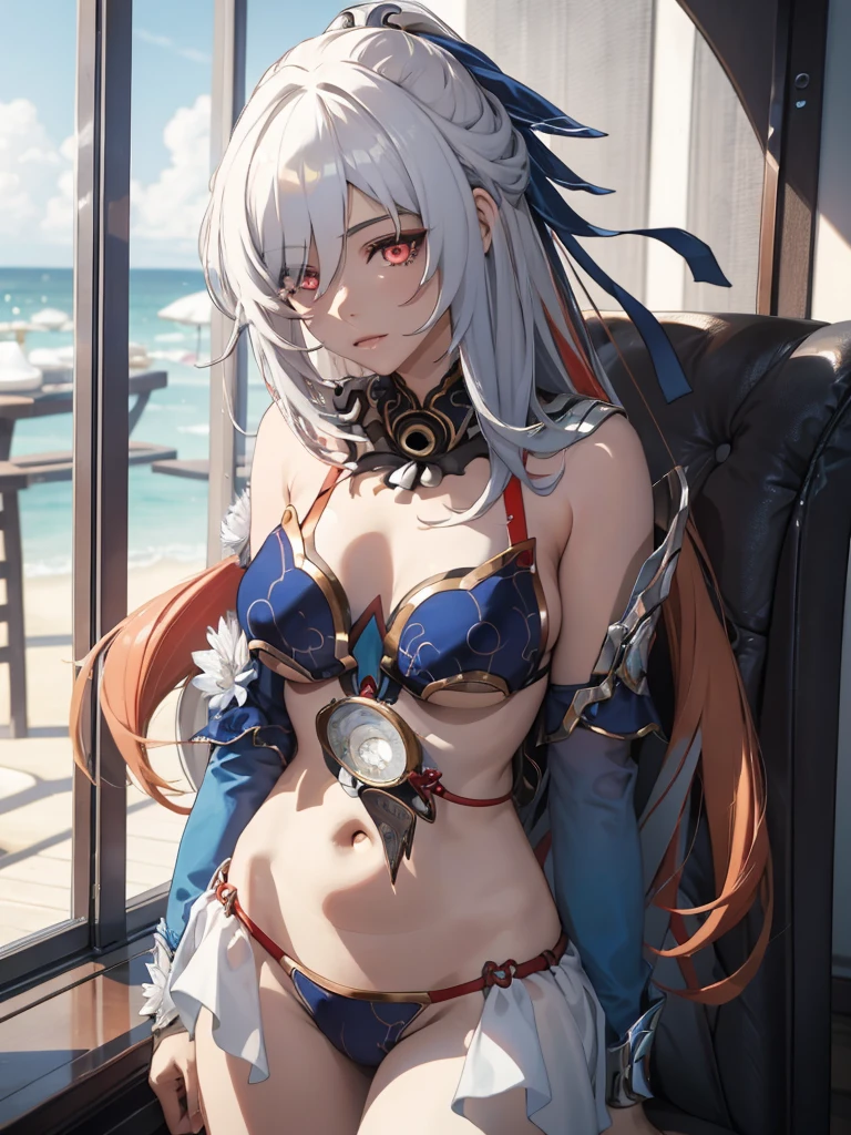best quality, masterpiece, 1girl, red eyes, tied up light colorfull hair, bikini,