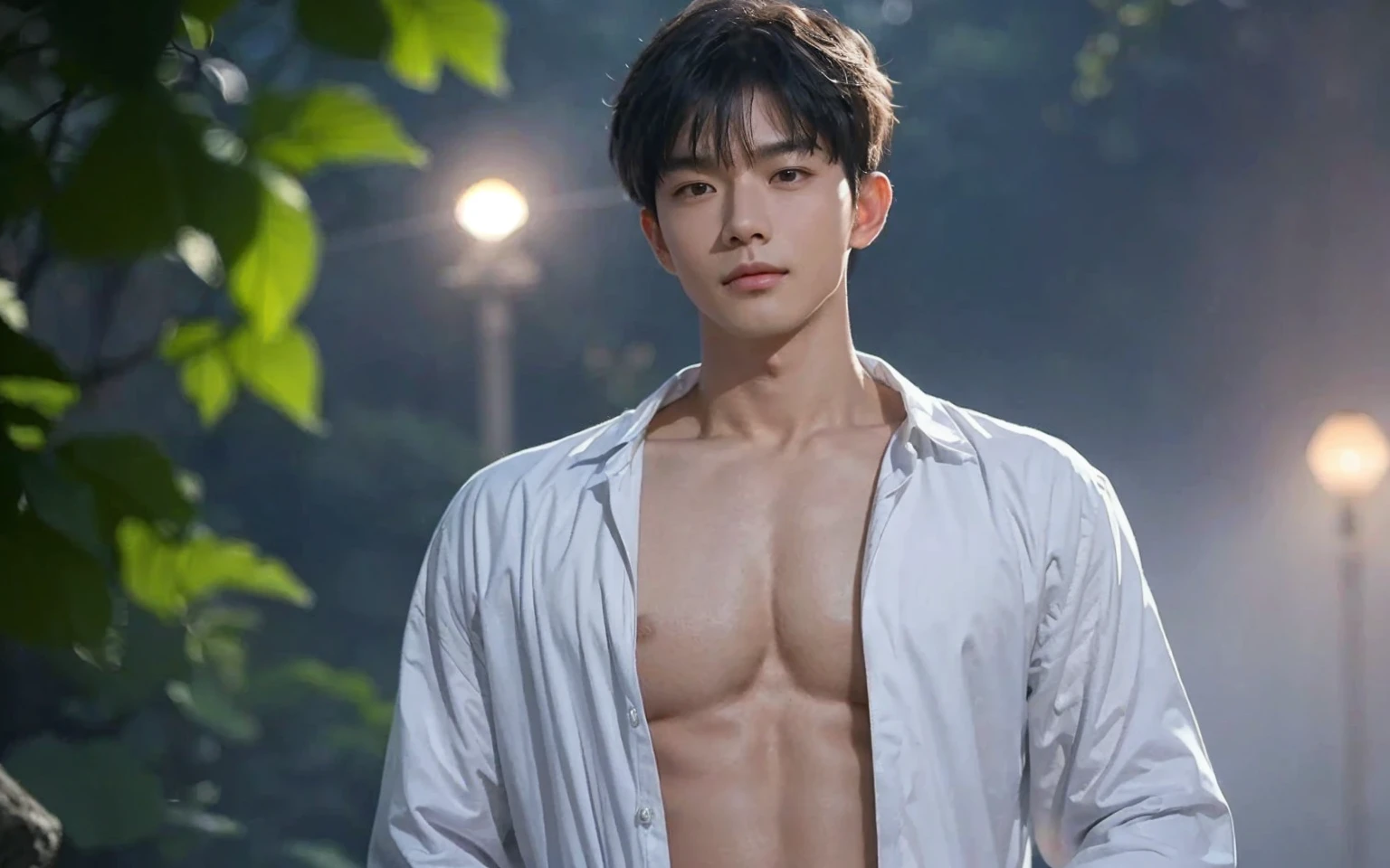 A handsome young Chinese man stands by the Jiande River at dusk, with a gentle mist rising from the water. He has a thoughtful expression, his gaze directed towards the horizon. His hair is straight with natural bangs, and his face is clean-shaven, giving him a youthful and fresh appearance reminiscent of popular social media influencers.

The composition is designed from a "boyfriend perspective," with the young man in a sensual pose, focusing on his chest and face, and using a POV from below to create a dynamic and immersive effect. This perspective enhances the intimate and engaging quality of the artwork.
A soft illustration bathed in twilight hues of cool blues and purples, creating an ethereal dreamland. The artwork, in the style of Guweiz, The romanticism art style emphasizes the tranquil beauty of this fantasy realm, inviting viewers into a world of wonder and mystique, all highlighted by a glowing, soft aesthetic,
((depth of field)),((open and vast place)),telephoto lens,(((close-up))),(chest focus),(((perspective from below))),(simple background),(simple color),((blurry)),(horizon),
 1boy,cool guy,peaceful,((floating short hair)),((((bangs)))),(((soft clean hair))),(((silky skin))) ,((smooth skin)) ,clean body,(clean face),((smooth face)),(natural pretty face),((adam's apple)),((looking at you)),((solo)),(teenage),(wind),(chin up),(hopeful),
((skin tight open shirt)),(mini white shirt),see-through,
(narrow waist),slender waist,muscular,(broad shoulders),((huge wide chest)),(((huge plump chest)))