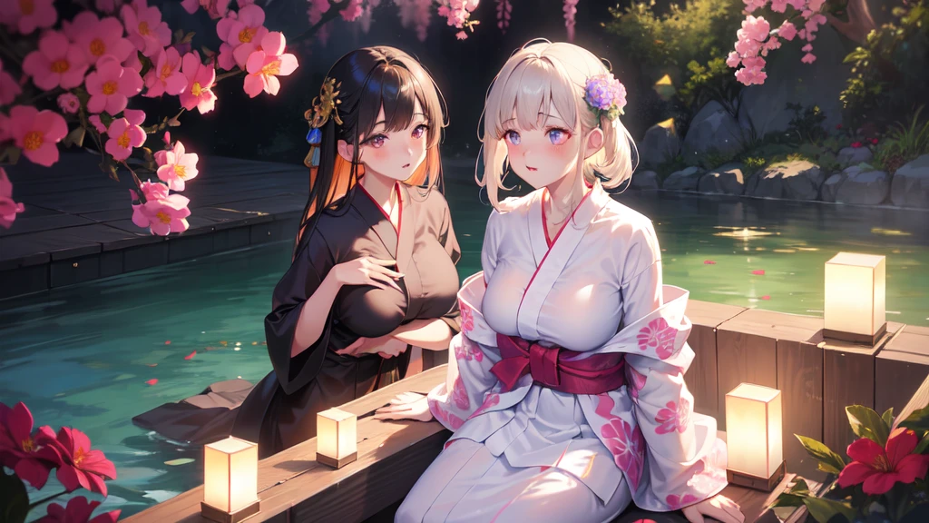 realistic, 1girl, full body, glowing eyes, (unbuttoned flower yukata), parted lips, big breast, blush, night, flowers, moonlight, sitting on the edge of the hot spring, hyper-detailed, high quality, 8k, photorealistic, professional digital painting, dramatic lighting, vibrant colors, intricate details, beautiful face, naughty pose, serene atmosphere, natural environment, ethereal, dreamy