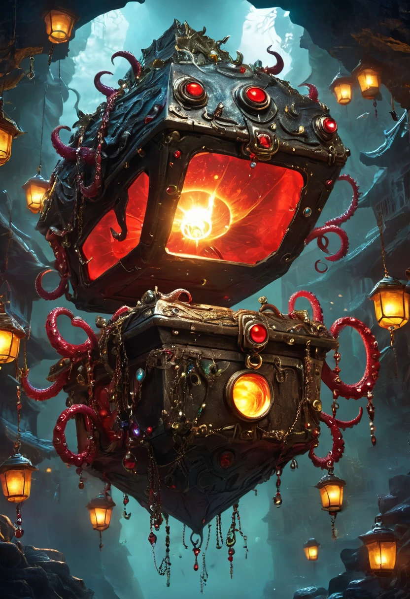 a dark, eerie, strange jewelry-filled chest monster - cyclops, Sharp Fangs, ugly, long tentacles, scattered jewels, greedy，cube