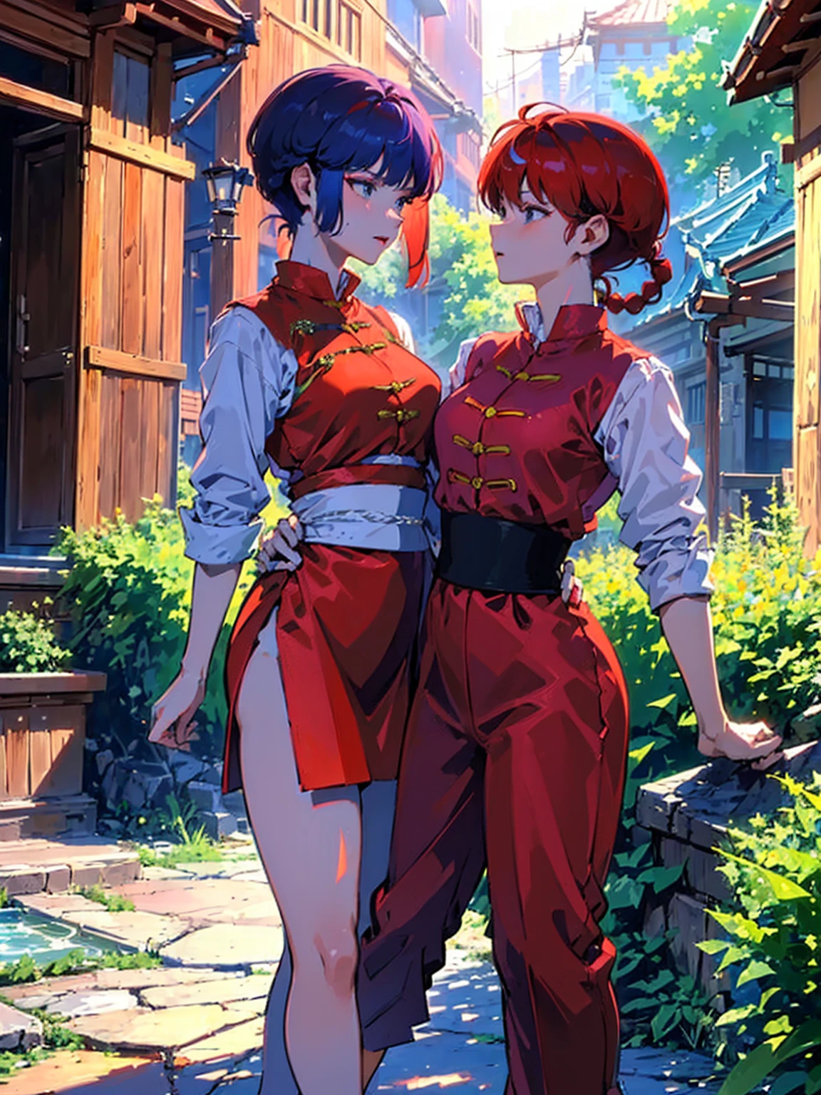 ((masterpiece:1.4)), expensive quality, very_expensive_solve, big_file size, Full Color, Thick outline, Clear contours, colorful, (Beautiful fine details, Are thin:1.4), ((Beautiful Face:1.0)), ((Boyish face:1.4)), 1 girl, (Ranma), (Redhead), short hair, (Braided Ponytail), ((bangs)), bumpy bangs, Blue-gray eyes, Big Breasts, Curvy, Ranma, Braided Ponytail, (Red Chinese Clothing, Short sleeves in red), No sleeve, Tangzhuang, (Black trousers), , Tangzhuang, (Black trousers), Are standing, ((, Are thin:1.4)), ((from the front:1.4)), Are thin:1.4
