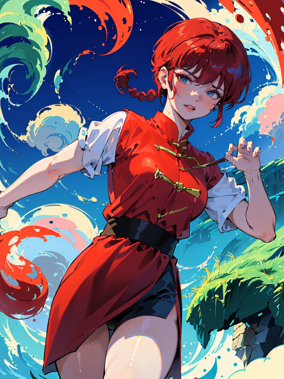 ((masterpiece:1.4)), expensive quality, very_expensive_solve, big_file size, Full Color, Thick outline, Clear contours, colorful, (Beautiful fine details, Are thin:1.4), ((Beautiful Face:1.0)), ((Boyish face:1.4)), 1 girl, (Ranma), (Redhead), short hair, (Braided Ponytail), ((bangs)), bumpy bangs, Blue-gray eyes, Big Breasts, Curvy, Ranma, Braided Ponytail, (Red Chinese Clothing, Short sleeves in red), No sleeve, Tangzhuang, (Black trousers), , Tangzhuang, (Black trousers), Are standing, ((, Are thin:1.4)), ((from the front:1.4)), Are thin:1.4