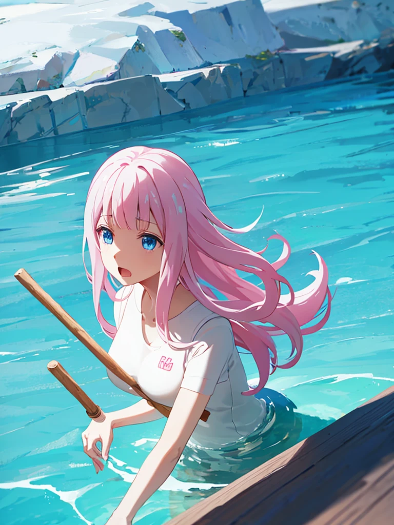 楽しそう、Full Body Shot、Semi-long hair、Pink Hair、Pale blue eyes、、、pool、Medium 、、whole body、stick out your 