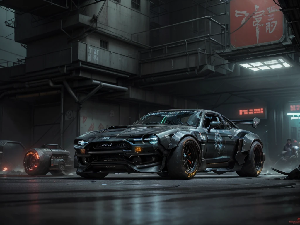 a 3/4 front view of ((futuristic cyberpunk hotrod zeekars)) (with glowing tires), at the parking lot,