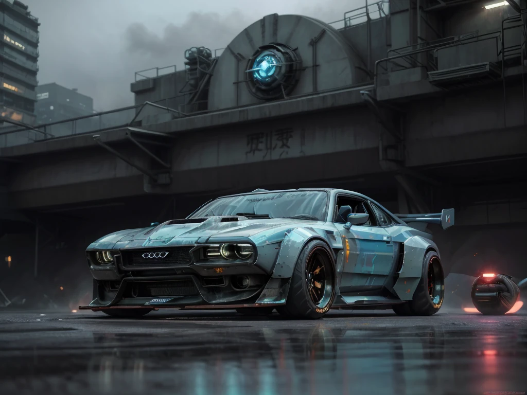 a 3/4 front view of ((futuristic cyberpunk hotrod zeekars)) (with glowing tires), at the parking lot, 