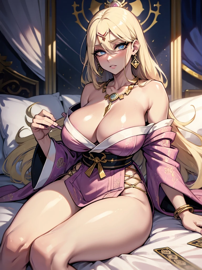 (one female: 1.5), wearing pink patterned kimono, very long blonde hair, messy hair, beautiful blue eyes, showing cleavage, lying on bed alone, alone (SOLO: 1.5),(ALONE: 1.5), large chest, curvy, blushing, beautiful detailed eyes, perfect hands, perfect body, (knife: 1.3), (tarot cards on bed: 1.3), shiny skin, bare legs, , gold jewelery, bracelets, earrings, delicate necklace, open legs