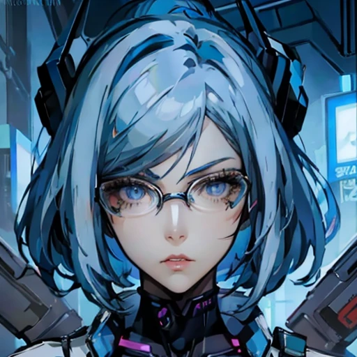 Anime girl with blue hair and glasses holding a gun, Robot-Silver Hair Girl, Digital Cyberpunk Anime Art, Cyberpunk anime girl mecha, Detailed digital anime art, Anime Cyberpunk Art, Echoes of Overwatch, Mysterious Jinx Portrait, Portrait anime space cadet girl, advanced digital anime art, Robot Girl, 完美的Robot Girl, Digital cyberpunk - anime art, cute girl