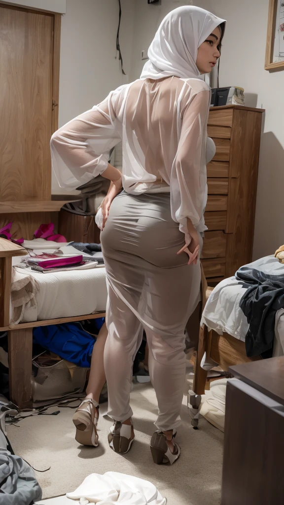 ((masterpiece, best quality, high resolution, 32k, HDR)), (((1 girl, solo))), (ultra realistic  malay girl:1.3, muslim girl:1.2, chubby malaysian girl:1.7, She is a 17 year old Malaysian:1.75, hijab:1.3 housewife, tanned skin:1.2, Transparent shirt:1.75, transparent shirt:1.7, see through clothing:1.7, nipples:1.85, bare legs:1.2), (cleaning a messy room: 1.5, abandoned house in disrepair: 1.55, ultra gigantic tits: 1.5, Dark atmosphere:1.15), ((She is on her back, seen from behind)), (crouched),