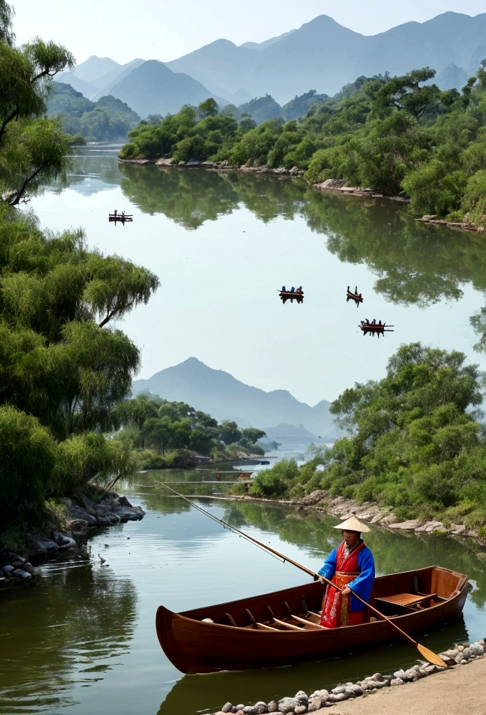 On a tranquil spring day, a fisherman dressed in traditional Jin Dynasty attire gently rowed a little wooden boat along a small creek. In the distance, mountain ranges loomed silently. Only the gentle murmur of the flowing water and the cheerful chirping of birds could be heard