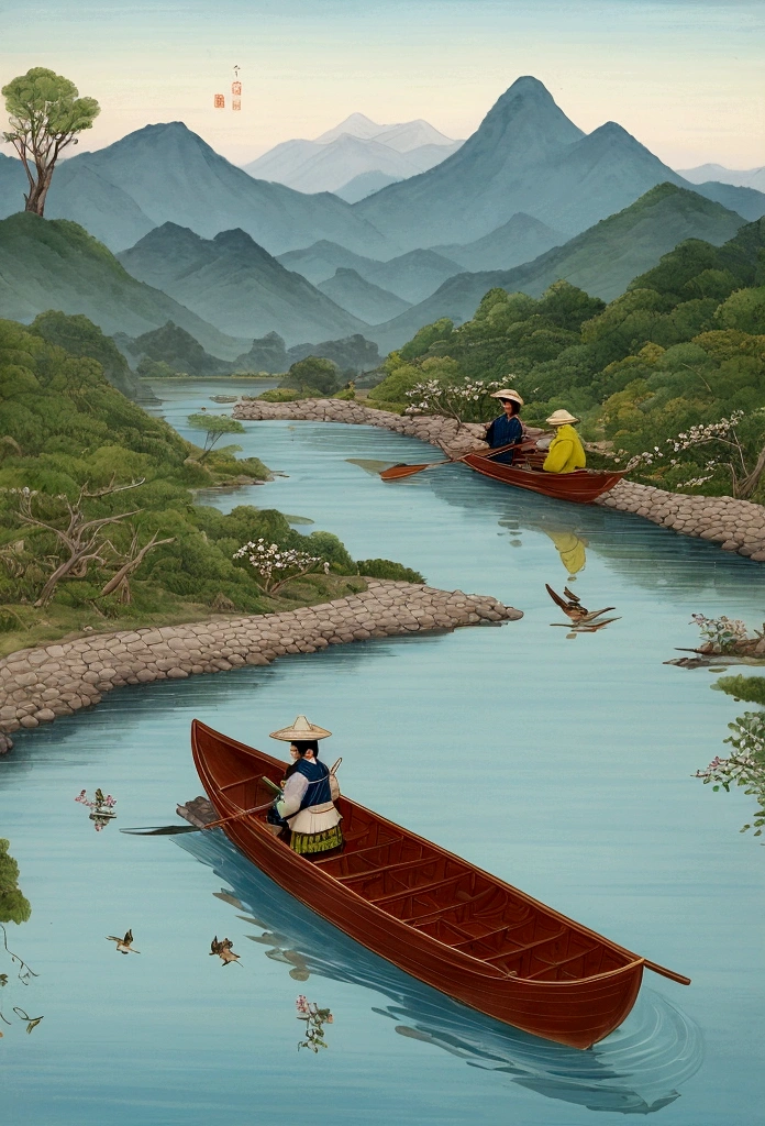 On a tranquil spring day, a fisherman dressed in traditional Jin Dynasty attire gently rowed a little wooden boat along a small creek. In the distance, mountain ranges loomed silently. Only the gentle murmur of the flowing water and the cheerful chirping of birds could be heard