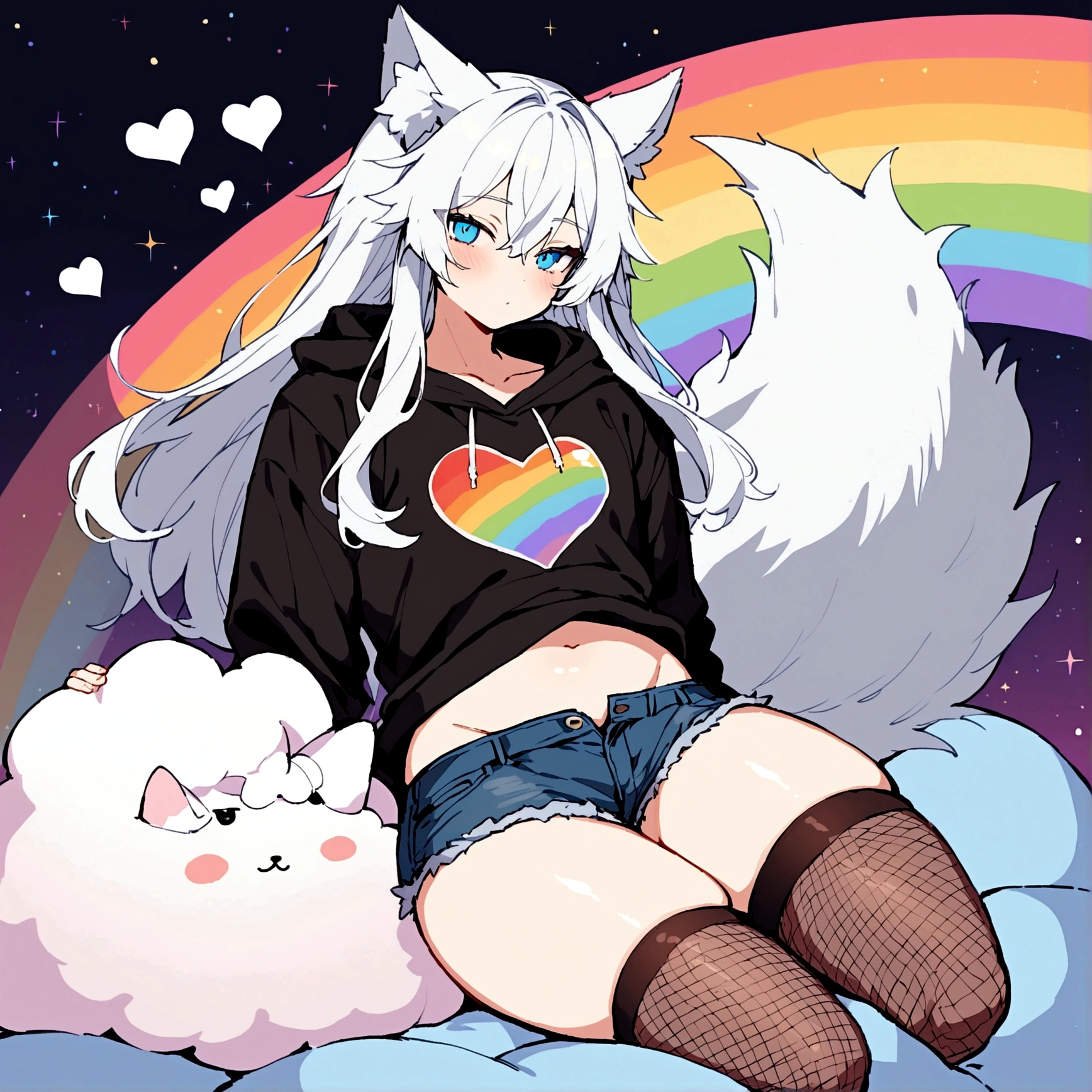 a cute adult male with wolf ears, long white hair, long locks, has a wolf tail, wearing a loose cropped black hoodie, wearing a pair of denim short shorts and fishnet stockings, thick thighs, wide hips, relaxing on mound of fluffy multi colored kawaii plushies, short, very slim, showing slender tummy, heart on hoodie, squishy thighs, has glowing blue eyes. alone, solo (ALONE)(SOLO), surrounded by rainbows, colorful galaxy backround