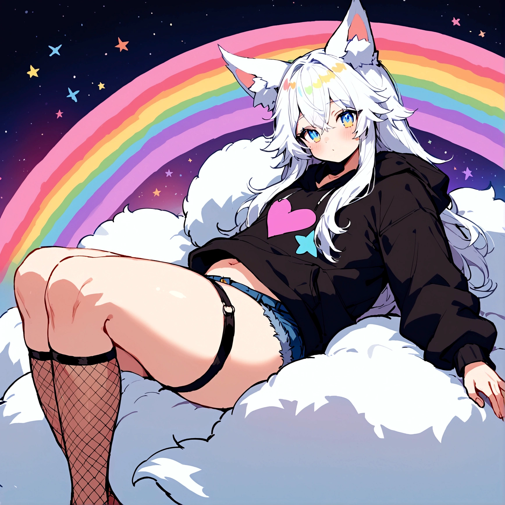 a cute adult male with wolf ears, long white hair, long locks, has a wolf tail, wearing a loose cropped black hoodie, wearing a pair of denim short shorts and fishnet stockings, thick thighs, wide , relaxing on mound of fluffy multi colored kawaii plushies, short, very slim, showing slender tummy, heart on hoodie, squishy thighs, has glowing blue eyes. alone, solo (ALONE)(SOLO), surrounded by rainbows, colorful galaxy backround