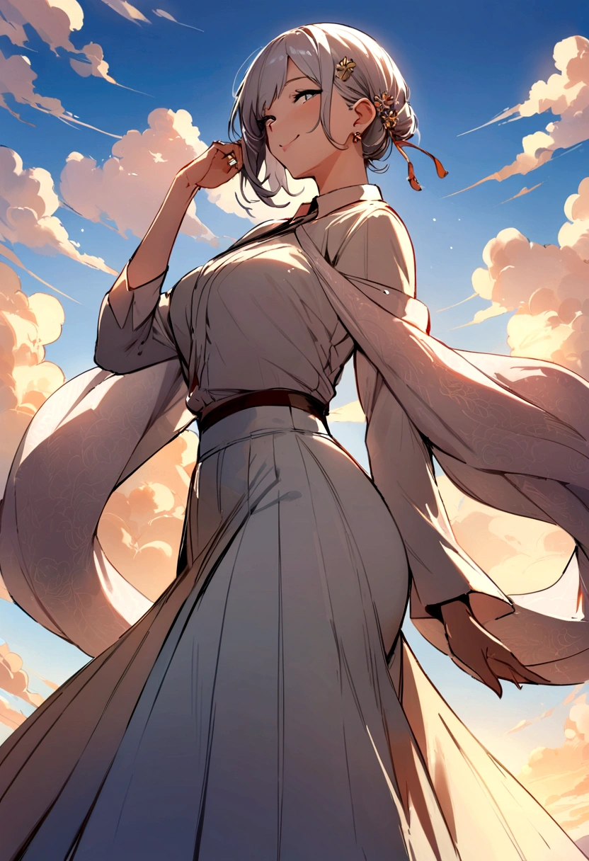 masterpiece, best quality, shawl, Hairpin,shirt,skirt, Sky, cloud, outdoor, Smile, Atmospheric perspective,Fashion pose，Mature and elegant elder sister，only one person