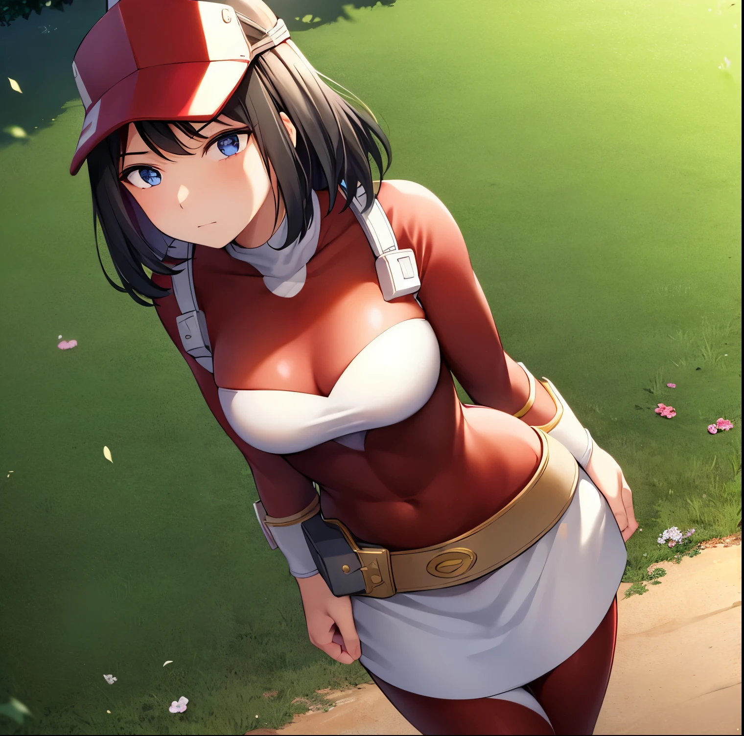 1 girl, alone, yui kodai, artwork, detailed, sharp focus, detailed eyes, looking at viewer, cowboy shot, black horse, short hair, black eyes, frown, blushing, mouth closed, teacher, best quality, ((cap with visor)), (tight red suit)),((red spandex suit)),(white details),((belt)),long sleeves, ((white skirt)),((white boots) ), large breasts, medium waist, wide hips, medium thighs, round butt,((1girl )),((solo))standing, outdoors, school, garden, yard, looking forward, ((focus on breasts)), point of view (from above) , perfect hands, perfect anatomy.