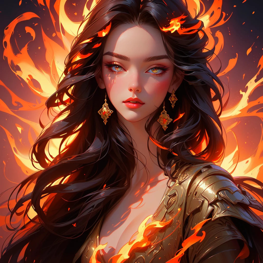 a woman with long hair and a dress is in flames, beautiful fantasy art portrait, her hair is made out of fire, beautiful digital artwork, goddess of fire, flames surround her, karol bak uhd, digital art fantasy art, beautiful gorgeous digital art, fantasy art portrait, gorgeous digital art