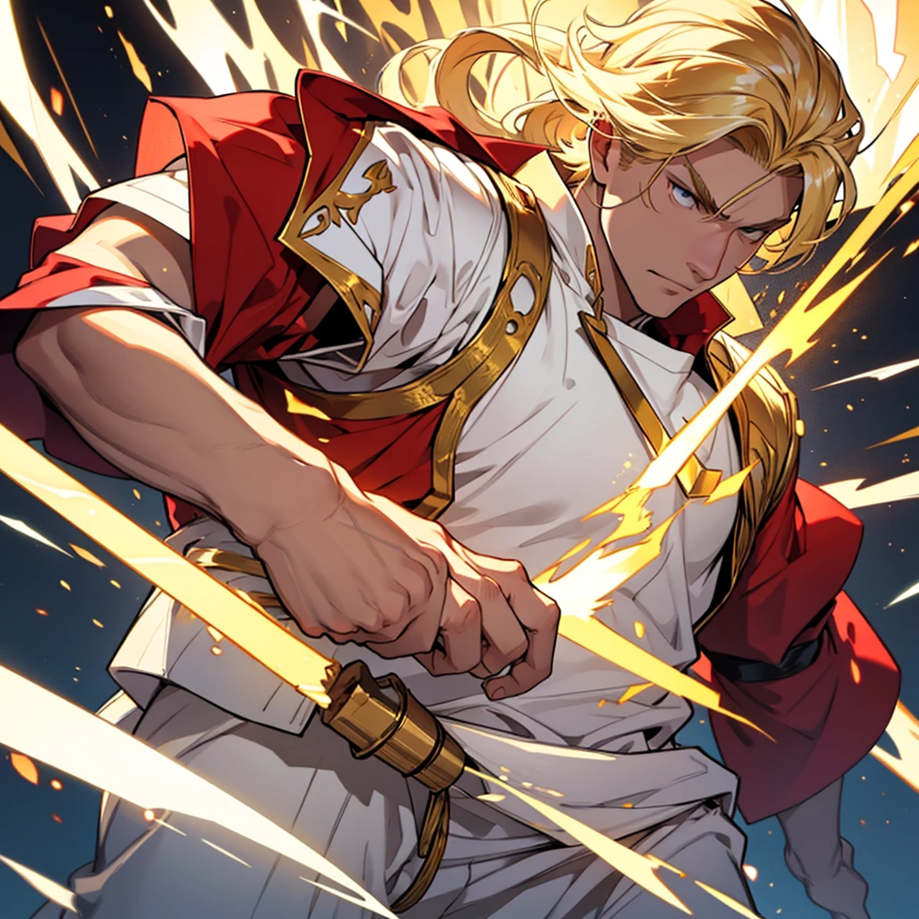 The golden-haired hero, with the power to have any power he wants, adolescent, white clothes, red and gold