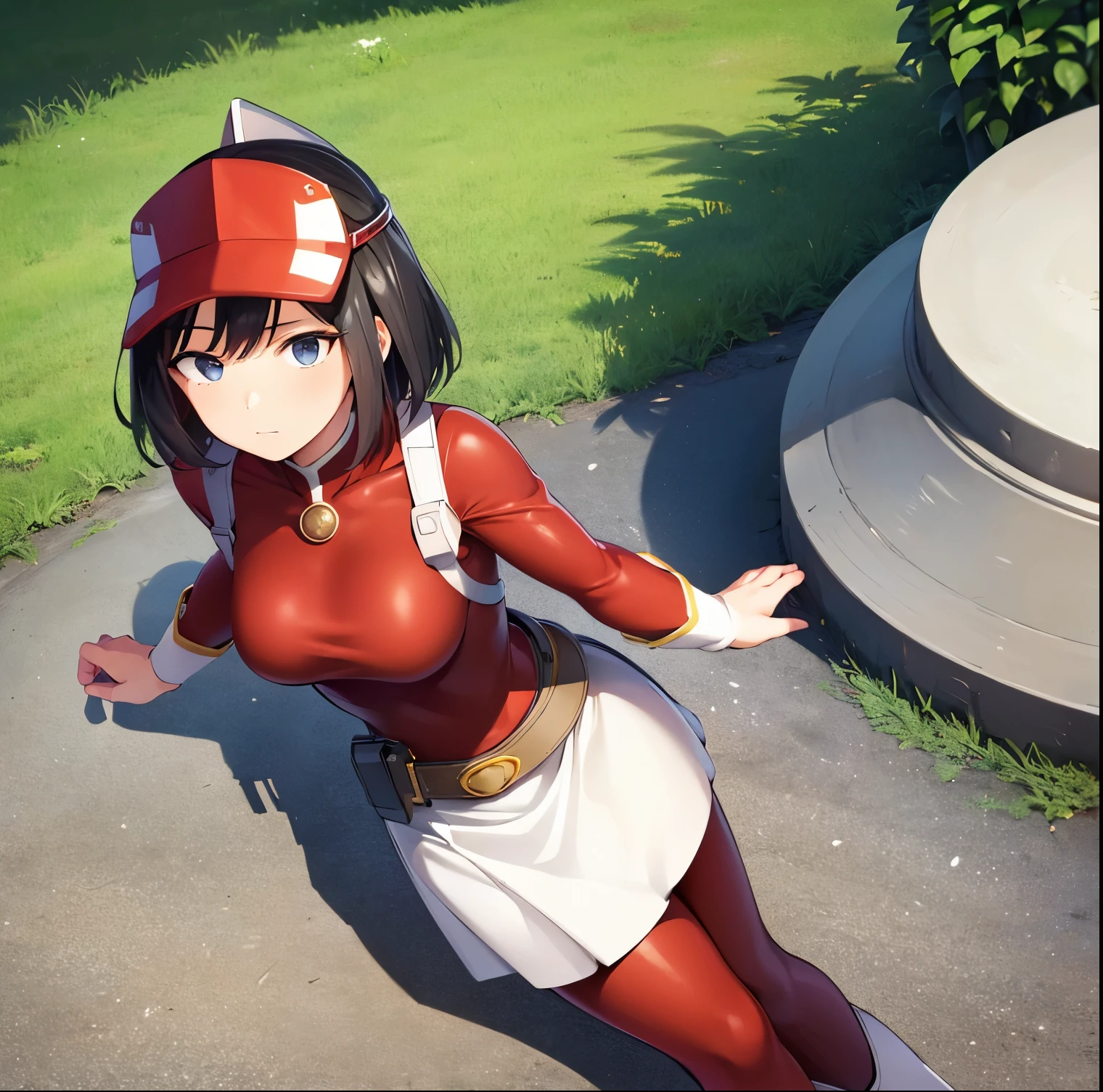 1 girl, alone, yui kodai, artwork, detailed, sharp focus, detailed eyes, looking at viewer, cowboy shot, black horse, short hair, black eyes, frown, blushing, mouth closed, teacher, best quality, ((cap with visor)), (tight red suit)),((red spandex suit)),(white details),((belt)),long sleeves, ((white skirt)),((white boots) ), large breasts, medium waist, wide hips, medium thighs, round butt,((1girl )),((solo))standing, outdoors, school, garden, yard, looking forward, ((focus on breasts)), point of view (from above) , perfect hands, perfect anatomy.