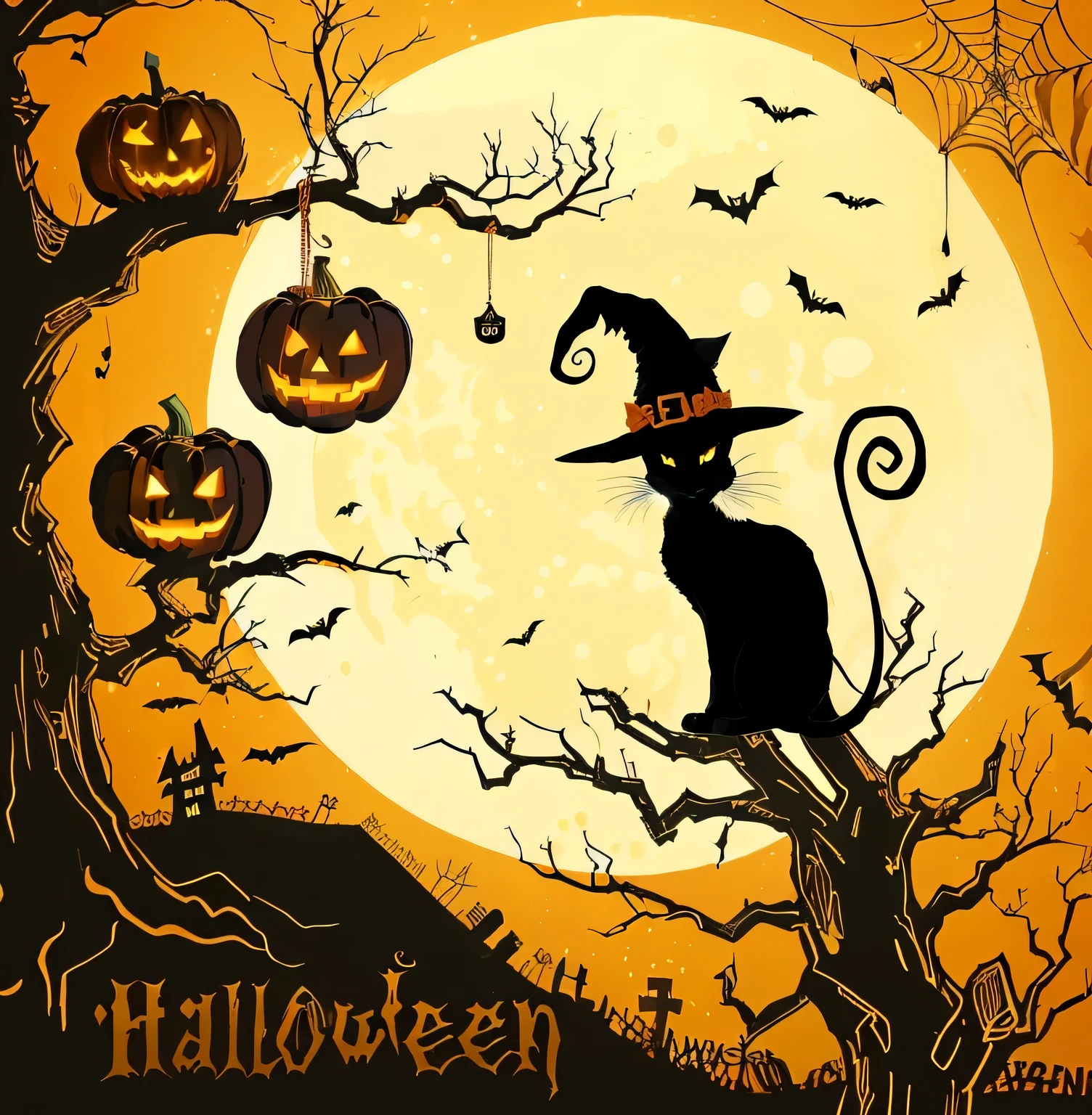 Halloween background with a cat in a witch hat and pumpkins, Halloween art style, Halloween theme, spooky Halloween theme, Halloween atmosphere, Halloween night, spooky Halloween night, Halloween celebration, Halloween scene, Halloween wallpaper with ghosts, Halloween, Scary magic background, in a Halloween style, vintage Halloween postcard, spooky Halloween fun, Cat witch, Spooky atmosphere, Three 0, dark
