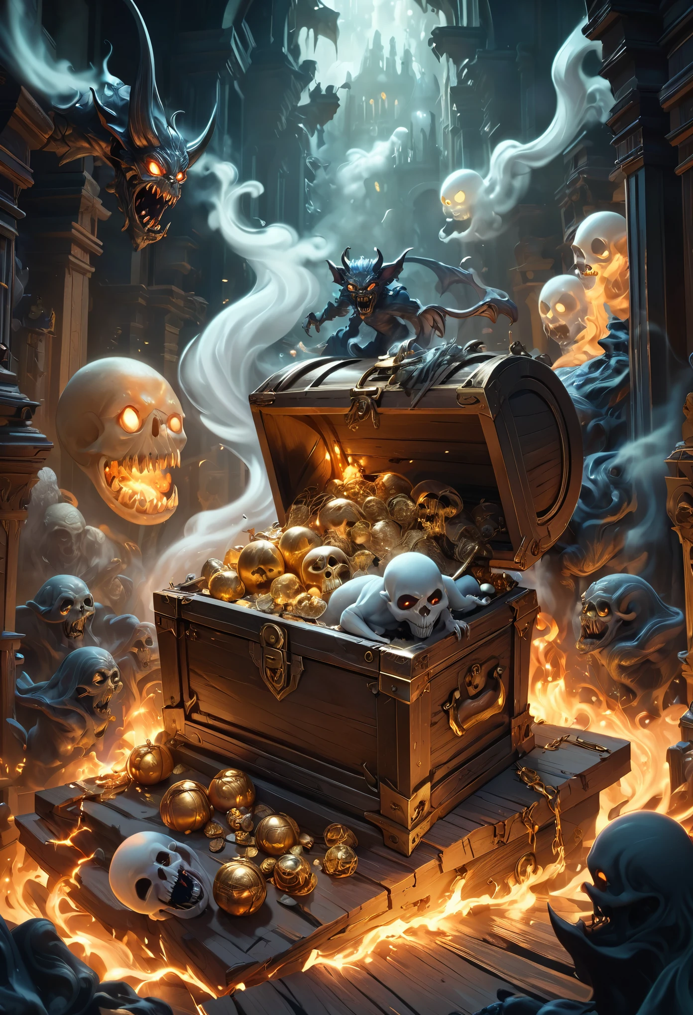 best quality, super fine, 16k, incredibly absurdres, extremely detailed, 2.5D, delicate and dynamic, demons, ghosts, and other scary treasure chests, mimics, dark fantasy, other spaces, other dimensions, smoke effects