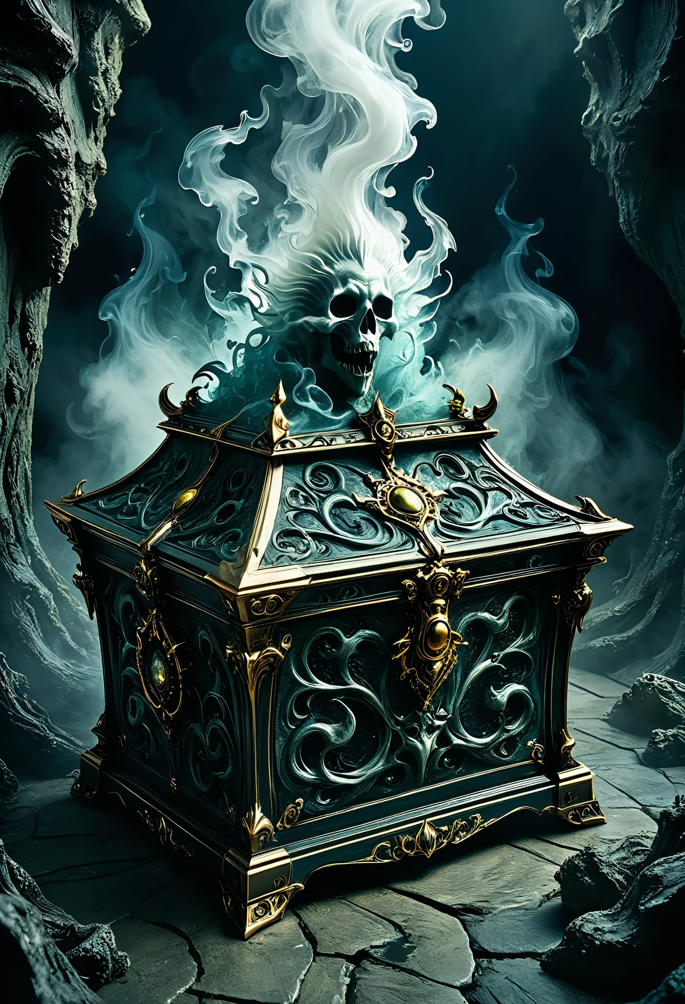 best quality, super fine, 16k, incredibly absurdres, extremely detailed, 2.5D, delicate and dynamic, demons, ghosts, and other scary treasure chests, mimics, dark fantasy, other spaces, other dimensions, smoke effects