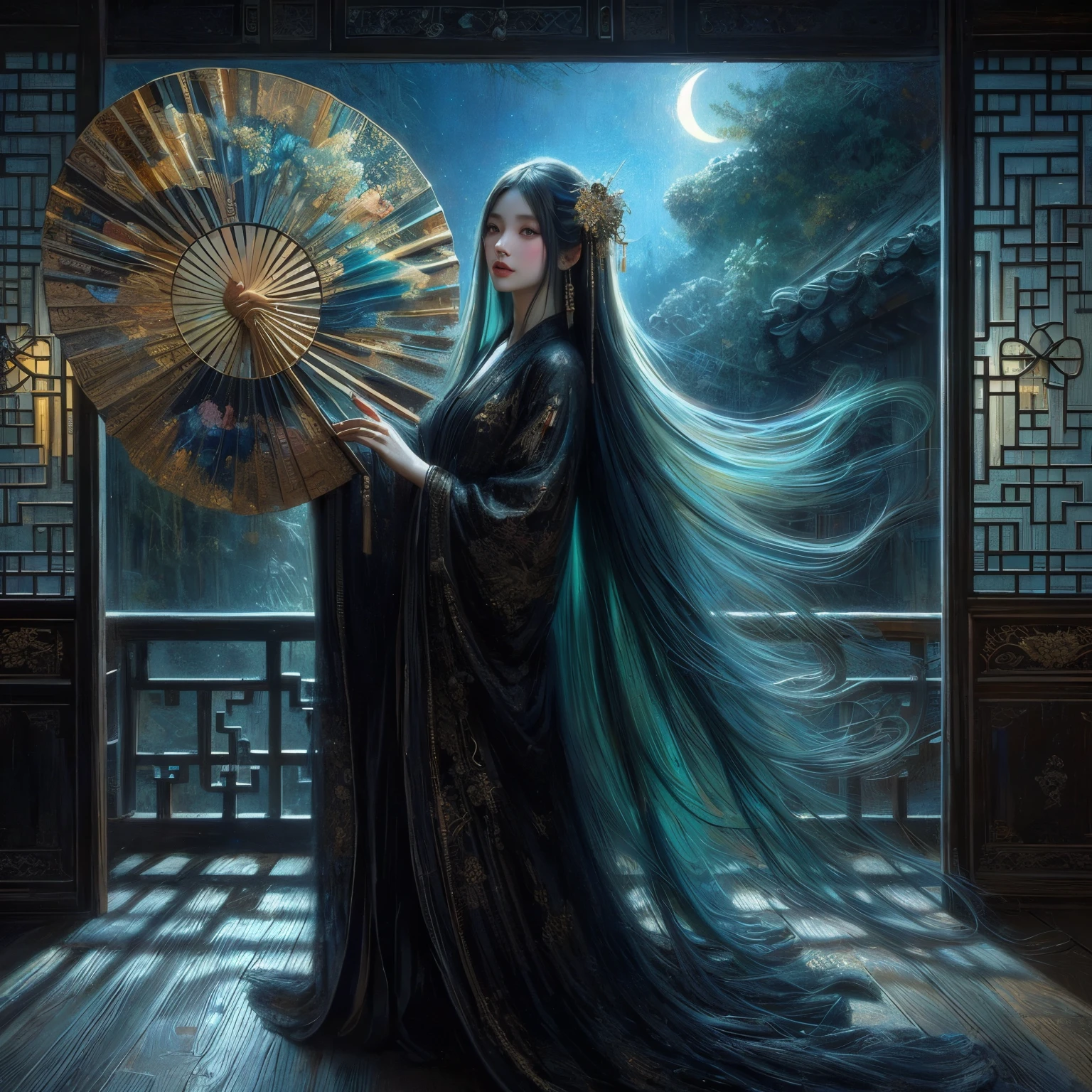 An ultra beautiful Asian woman long red-golden blue hair, holding a very ultra ornate long black ancient liquored Asian fighting fan, wearing a long black Chinese womans dressing gown, in a darkened room of moonlight streak in through the opened balcony window, Chinese garden, night sky, black ink, in the style of Caravaggio, Fan Zhongzheng, and Da Vinci, 8k resolution, hyperdetailed, photorealistic, an oil painting art style, Sfumato,