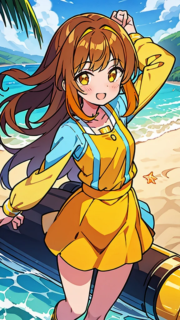 Elena Mori, teenage girl, long tawny hair, wearing a yellow blouse with quarter sleeves, orange cuffs, collar, and buttons, wearing a swirling blue crystal necklace and a yellow tank-top underneath, along with an orange miniskirt and a pair of slip-on orange and yellow with yellow socks, smile, beautiful, background on the beach in the morning.