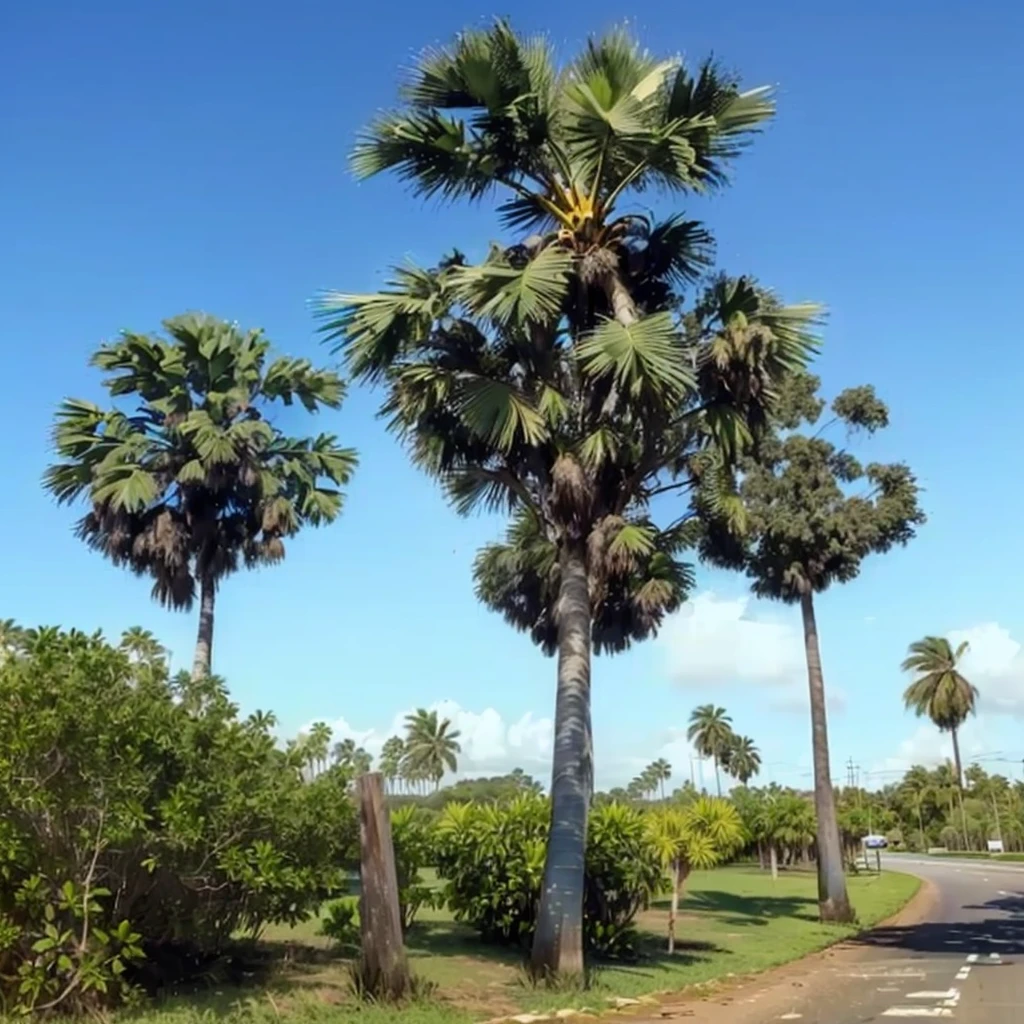 there are many palm trees that are growing on the side of the road, tree palms in background, cabbage trees, the palms come from the ground, tropical trees, tawa trees, exotic trees, coconut palms, palmtrees, coconut trees, a palm tree, dried palmtrees, tropical palms, palms, blessing palms, palm trees in the background, palm trees