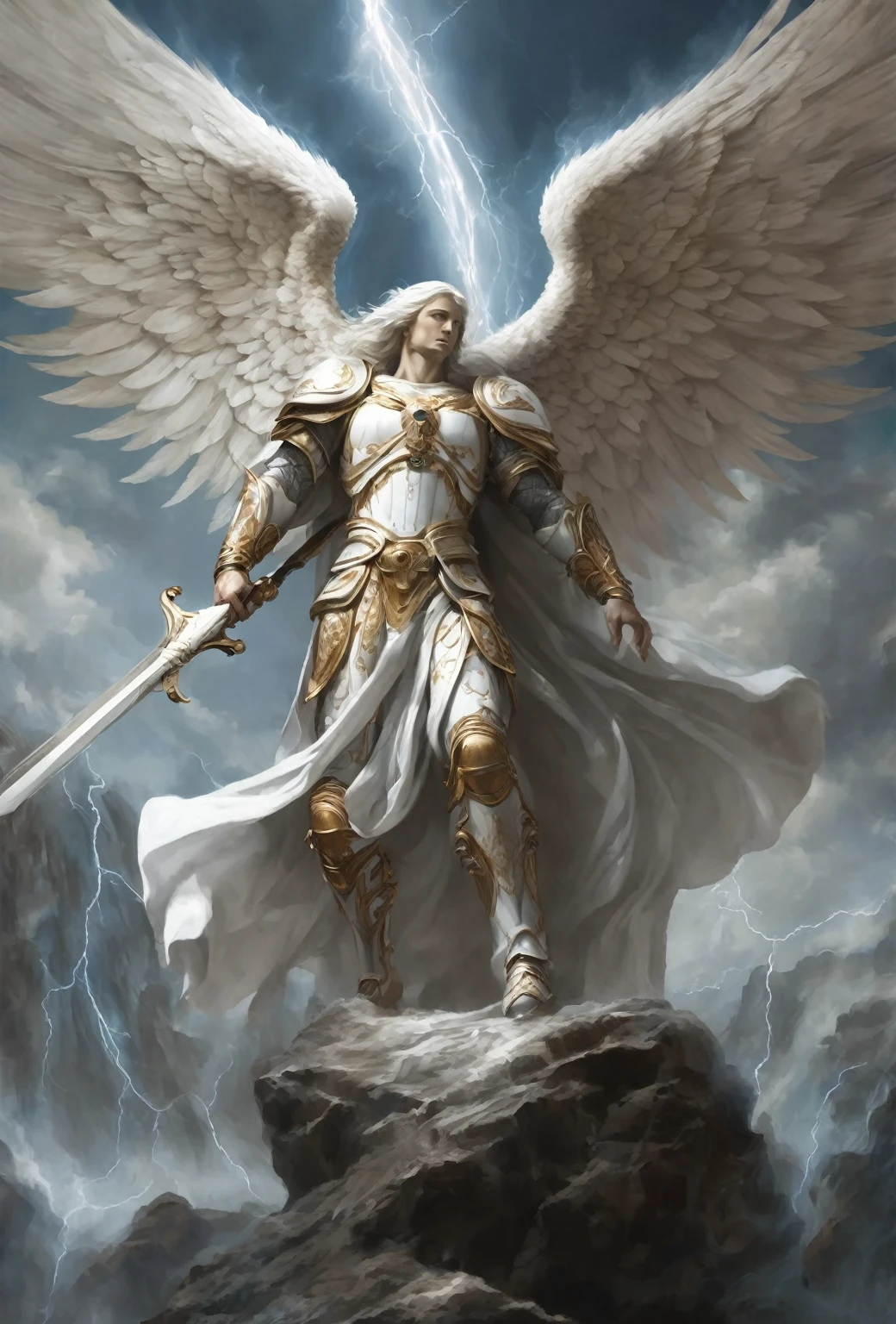 Arched over the charred battlefield of eternity, the Archangel Michael reveals his majestic figure, cloaked in porcelain-white armor pulsating with ethereal light. With complete mighty wings outstretched, black background. digital art