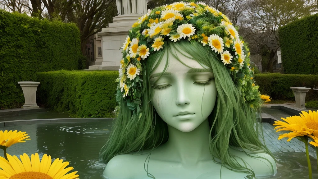 There is a statue of a person with a face in the fountain, Woman made of plants, Head made of giant daisies, Huge female head, Depressed face, Giant girl head, Giant flower head, Non-Dual God of Spring, Dreaming Face, Green Face, Show your face, Photo of your face, Calm face, Giant&#39;s Head Ruins, Faces made of planets