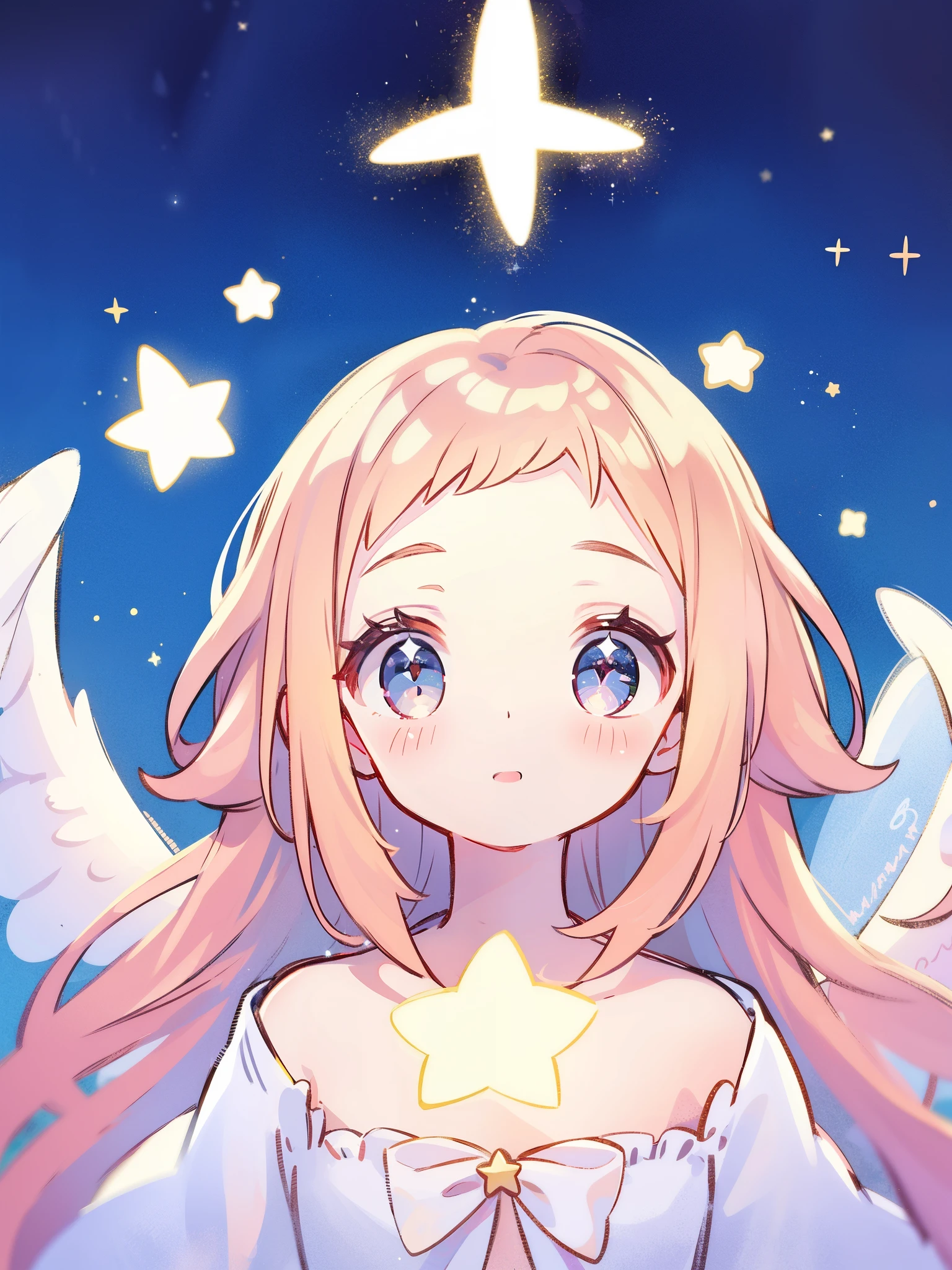 wishing star background, angel girl wearing an ethereal translucent dress, white feather angel wings, close up, sparkling detailed eyes, golden ratio face, perfect composition, highly detailed, ethereal, starry night, midjourney style