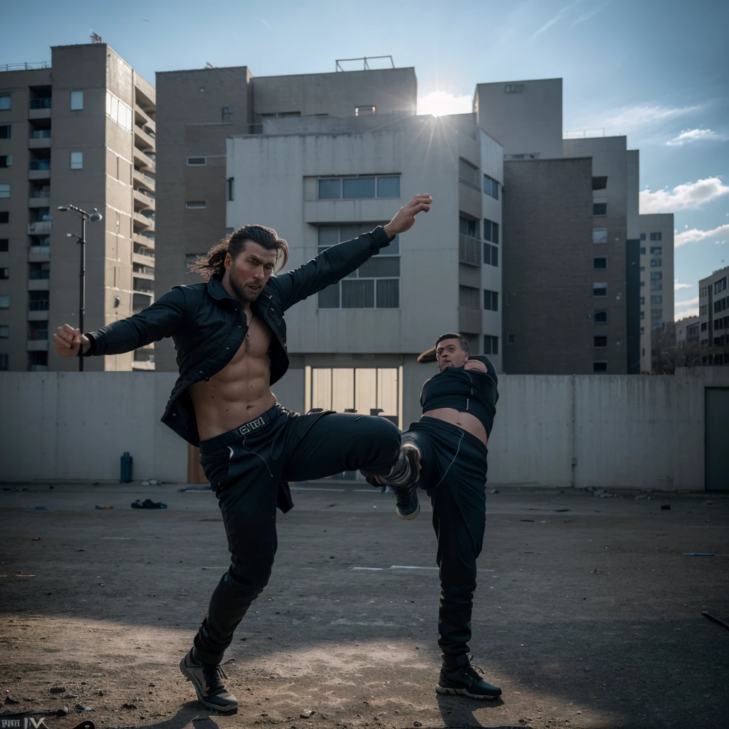 a man, detailed face, dystopian clothes, performing a roundhouse kick, air distortion effect, gusts of wind, hand blocking kick, abandoned apartment, (best quality,8k,highres,masterpiece:1.2),ultra-detailed,(realistic,photorealistic,photo-realistic:1.37),cinematic,high saturation,dramatic lighting,cinematic composition