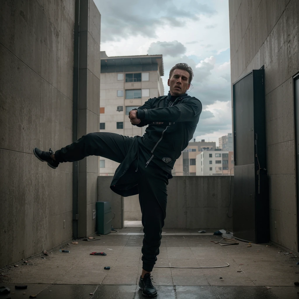 a man, detailed face, dystopian clothes, performing a roundhouse kick, air distortion effect, gusts of wind, hand blocking kick, abandoned apartment, (best quality,8k,highres,masterpiece:1.2),ultra-detailed,(realistic,photorealistic,photo-realistic:1.37),cinematic,high saturation,dramatic lighting,cinematic composition