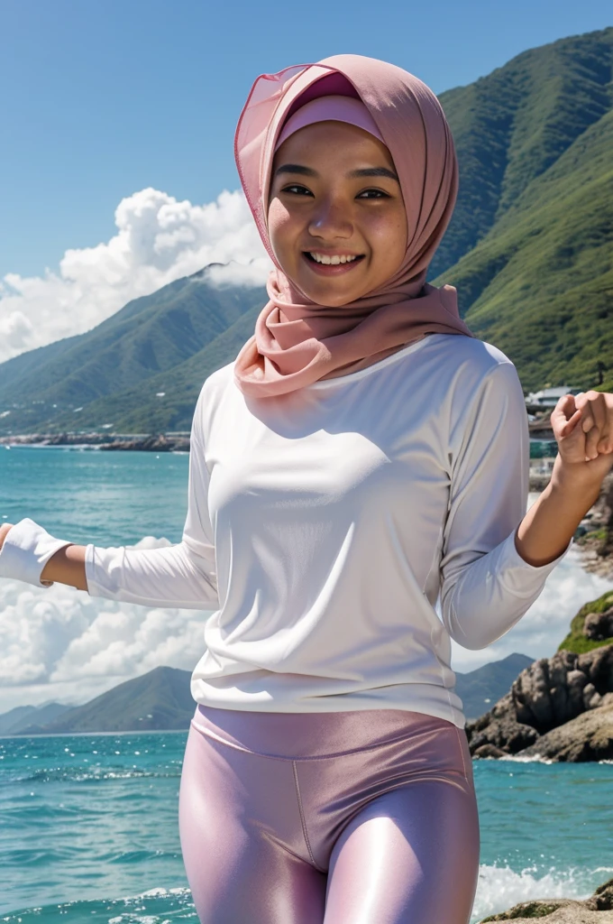 (best quality, masterpiece), 1 malay girl in hijab, paw pose, smile, laughing, ocean, long sleeve white tshirt, leggings, freckles, blush, looking at viewer, cloud, splashing, waves, sun, mountain, wet