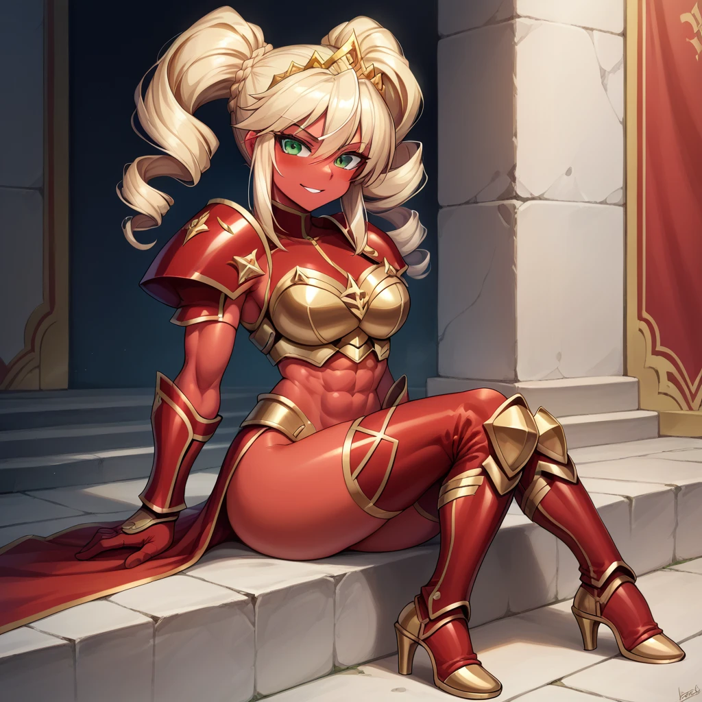 Lancer Artoria, elegant adult female, blonde, green eyes (yellow eyelashes) crown, turtleneck, full body sitting on a bench, showing ass to me, RED breastplate, RED skin (1SologirlRED skin:1.2), looking at viewer, shiny, armor, thigh highs, high boots, pauldrons shoulder armor, faulds, poleyn, RED gloves gauntlets, rerebrace, RED military armored boots, yordle muscular lean platinum blonde long twin tails hairstyle at the bedroom lustful smirking smile face red blushed, blush, strong abs, female body builder, tiara, twin drills hair, (masterpiece, best quality, ultra detailed, best shadow)