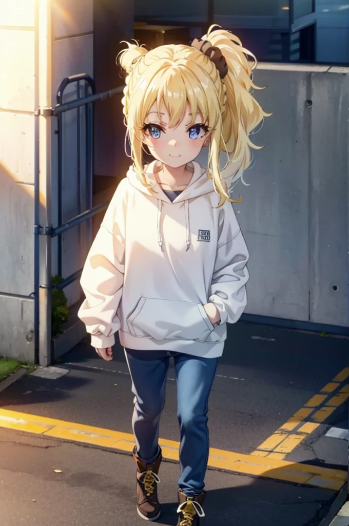 handed over, nodoka toyohama, bangs, blue eyes, Blonde, hair ornaments, Side Lock, Side Ponytail, Scrunchie, hair Scrunchie, blue Scrunchie, Braiding,happy smile, smile, Close your mouth,blush,Oversized yellow hoodie,jeans,short boots,Walking,whole bodyがイラストに入るように,Daytime,Cold Sky,
break outdoors, Building district,
break looking at viewer, whole body,
break (masterpiece:1.2), Highest quality, High resolution, unity 8k wallpaper, (figure:0.8), (Beautiful attention to detail:1.6), Highly detailed face, Perfect lighting, Highly detailed CG, (Perfect hands, Perfect Anatomy),