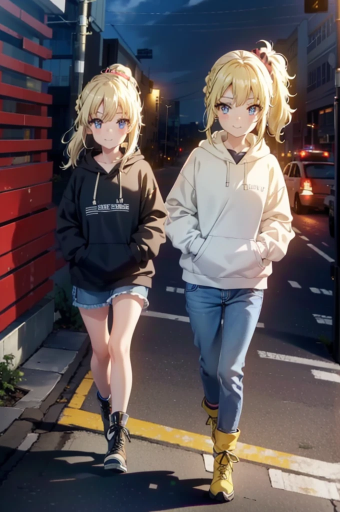 handed over, nodoka toyohama, bangs, blue eyes, Blonde, hair ornaments, Side Lock, Side Ponytail, Scrunchie, hair Scrunchie, blue Scrunchie, Braiding,happy smile, smile, Close your mouth,blush,Oversized yellow hoodie,jeans,short boots,Walking,whole bodyがイラストに入るように,Daytime,Cold Sky,
break outdoors, Building district,
break looking at viewer, whole body,
break (masterpiece:1.2), Highest quality, High resolution, unity 8k wallpaper, (figure:0.8), (Beautiful attention to detail:1.6), Highly detailed face, Perfect lighting, Highly detailed CG, (Perfect hands, Perfect Anatomy),