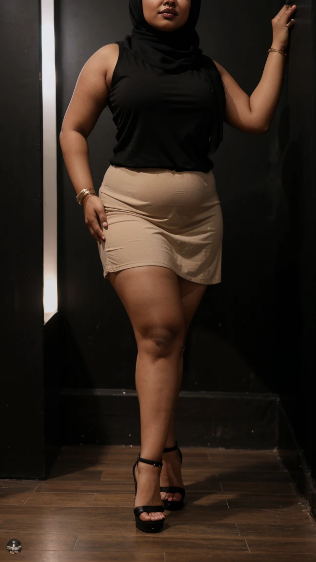 25 years kerala chubby fat hijabi housewife, wearing black sleeveless tshirt at night club, high heel shoes, standing position, dark lipstick