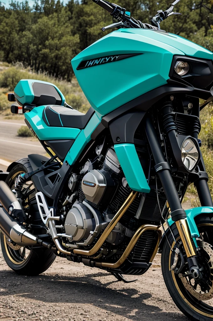 Keeway 200 tx motorcycle with turquoise chassis, turquoise tank and black covers with gold bars