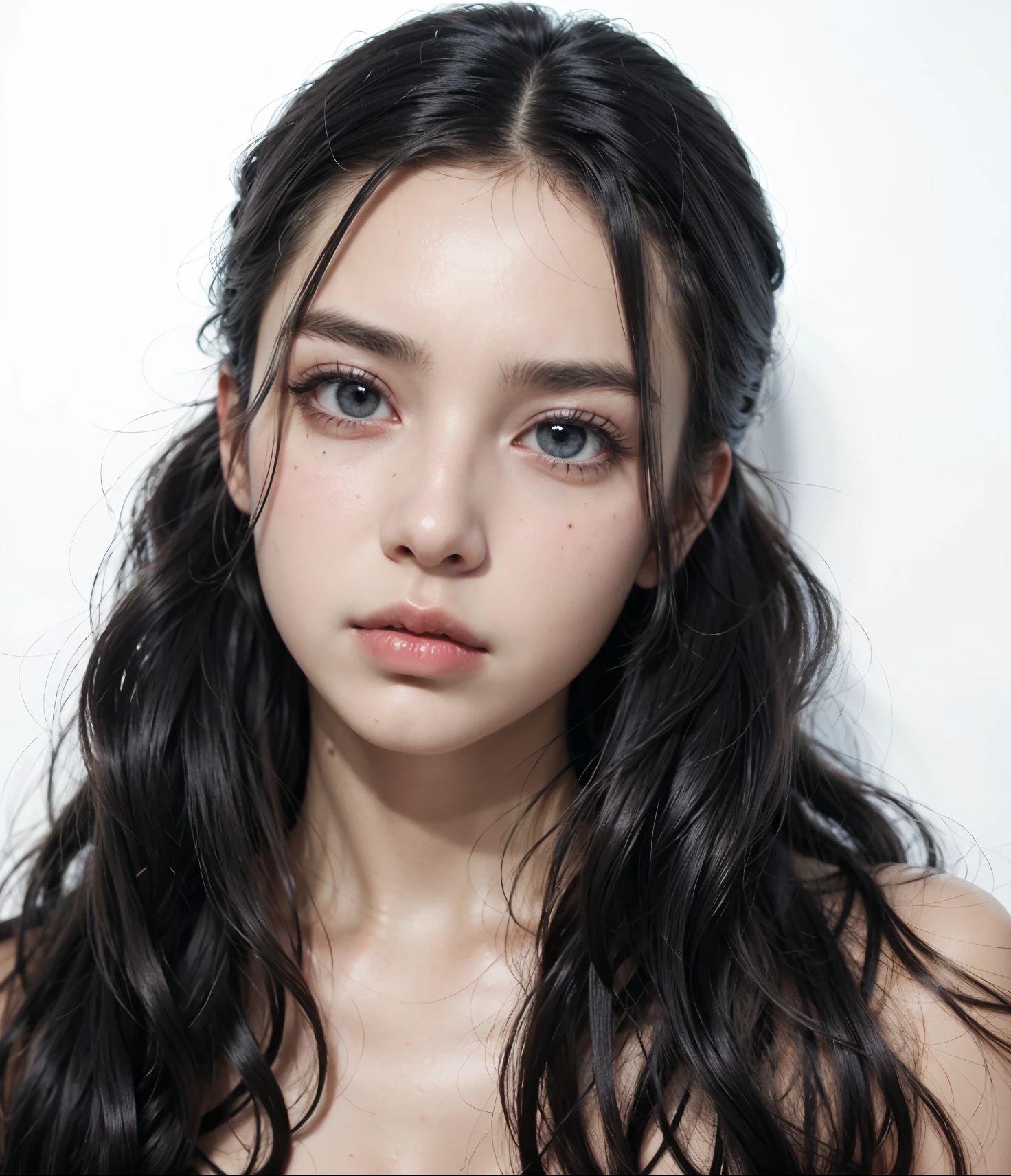Arafed woman in black shirt and black shirt., black and sullen eyes, dark eyes y penetrantes, with black sclera eyes, black hair and big eyes, black eyes and big forehead, 1 7 year old gothic girl, black eyes and sclera, severe look, angry look, dark eyes, beautiful face with black fur