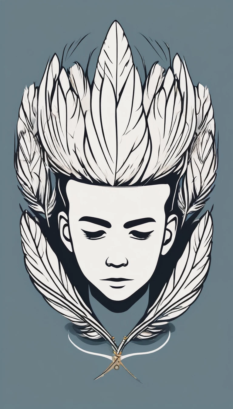 A minimal, modern, simple, cinematic logotype of a boy with a head full of feathers for the brand “Penamemoria" .