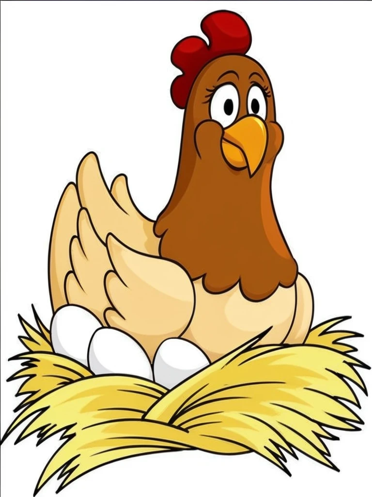 Hen sitting on her eggs in a nest, animated cartoon, drawing for children, Cartoon