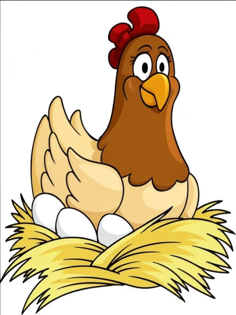 Hen sitting on her eggs in a nest, animated cartoon, drawing for children, Cartoon