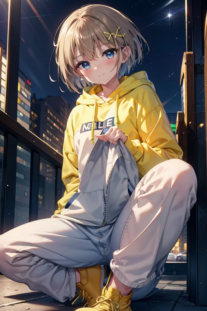 Hayate Yagami, short hair, blue eyes, Dark brown hair, hair ornaments, x hair ornaments,happy smile, smile, Close your mouth,blush,Oversized yellow hoodie,jeans,short boots,Walking,whole bodyがイラストに入るように,Daytime,Cold Sky,
break outdoors, Building district,
break looking at viewer, whole body,
break (masterpiece:1.2), Highest quality, High resolution, unity 8k wallpaper, (figure:0.8), (Beautiful attention to detail:1.6), Highly detailed face, Perfect lighting, Highly detailed CG, (Perfect hands, Perfect ),