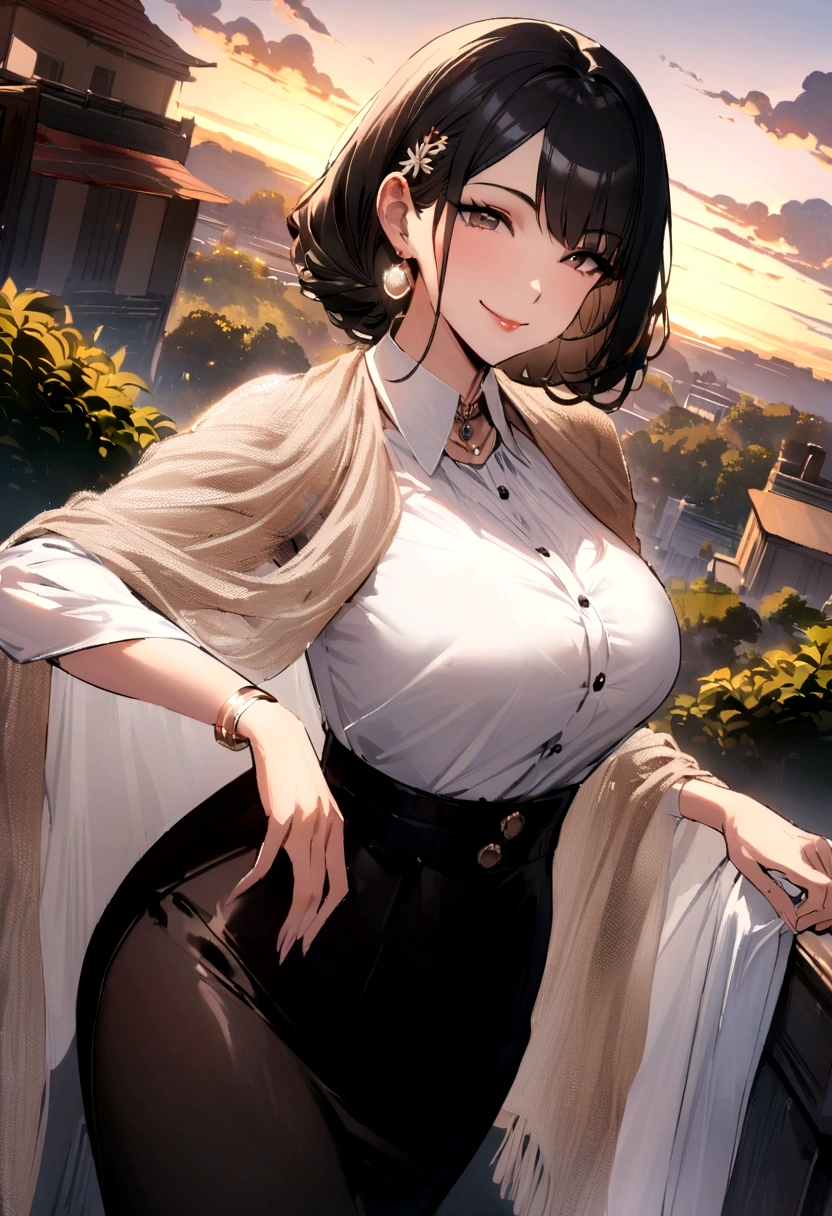 masterpiece,Black hair,jewelry, best quality, shawl, Hairpin,shirt,skirt, Sky, cloud, outdoor, Smile, Atmospheric perspective,Fashion pose,Mature and elegant elder sister,only one person