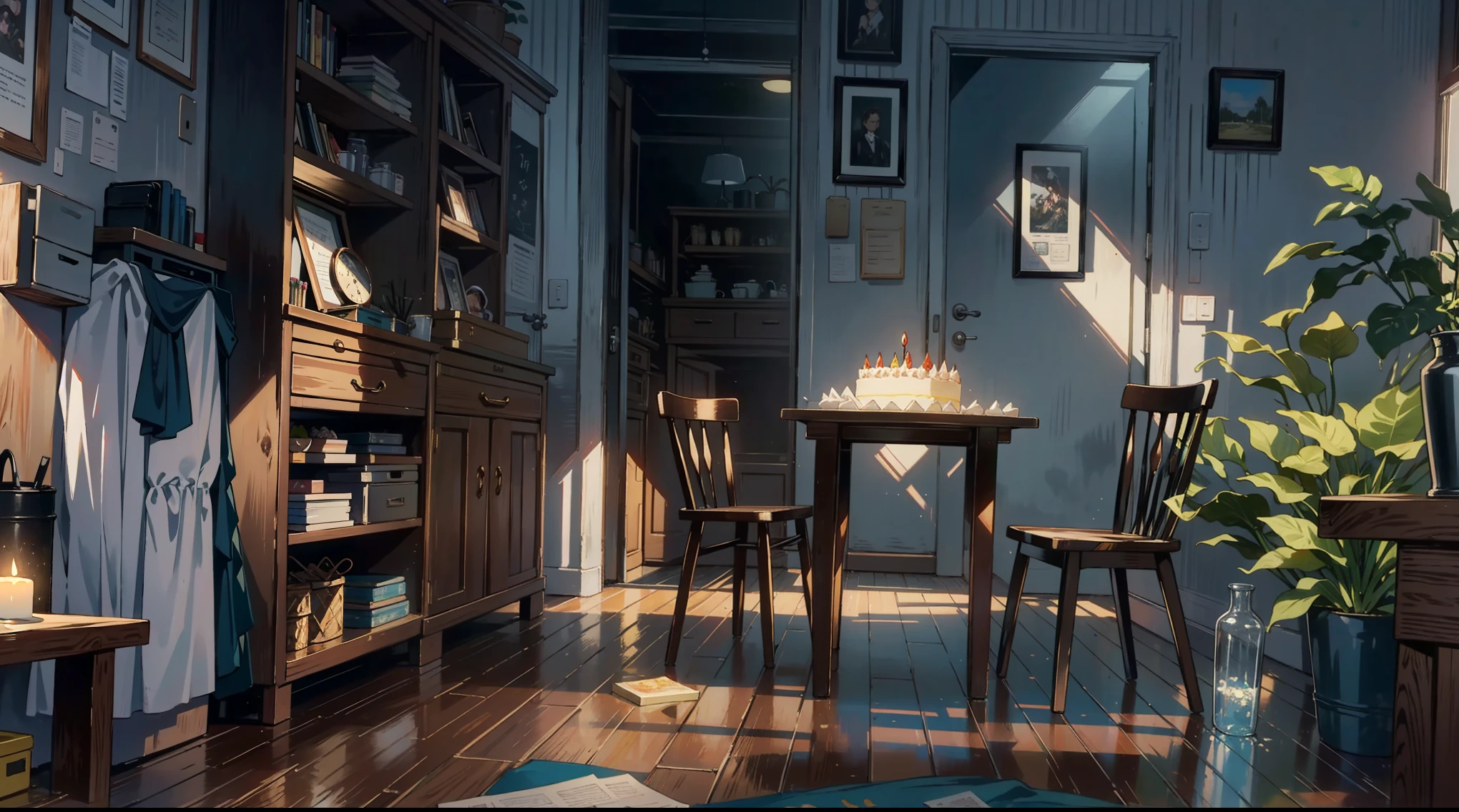 (best quality,masterpiece:1.2,detailed details,4k),A dim old apartment, a small birthday cake on an old wooden table, a modern apartment, an alarm clock on the wall, an anime scene,the wooden floor,