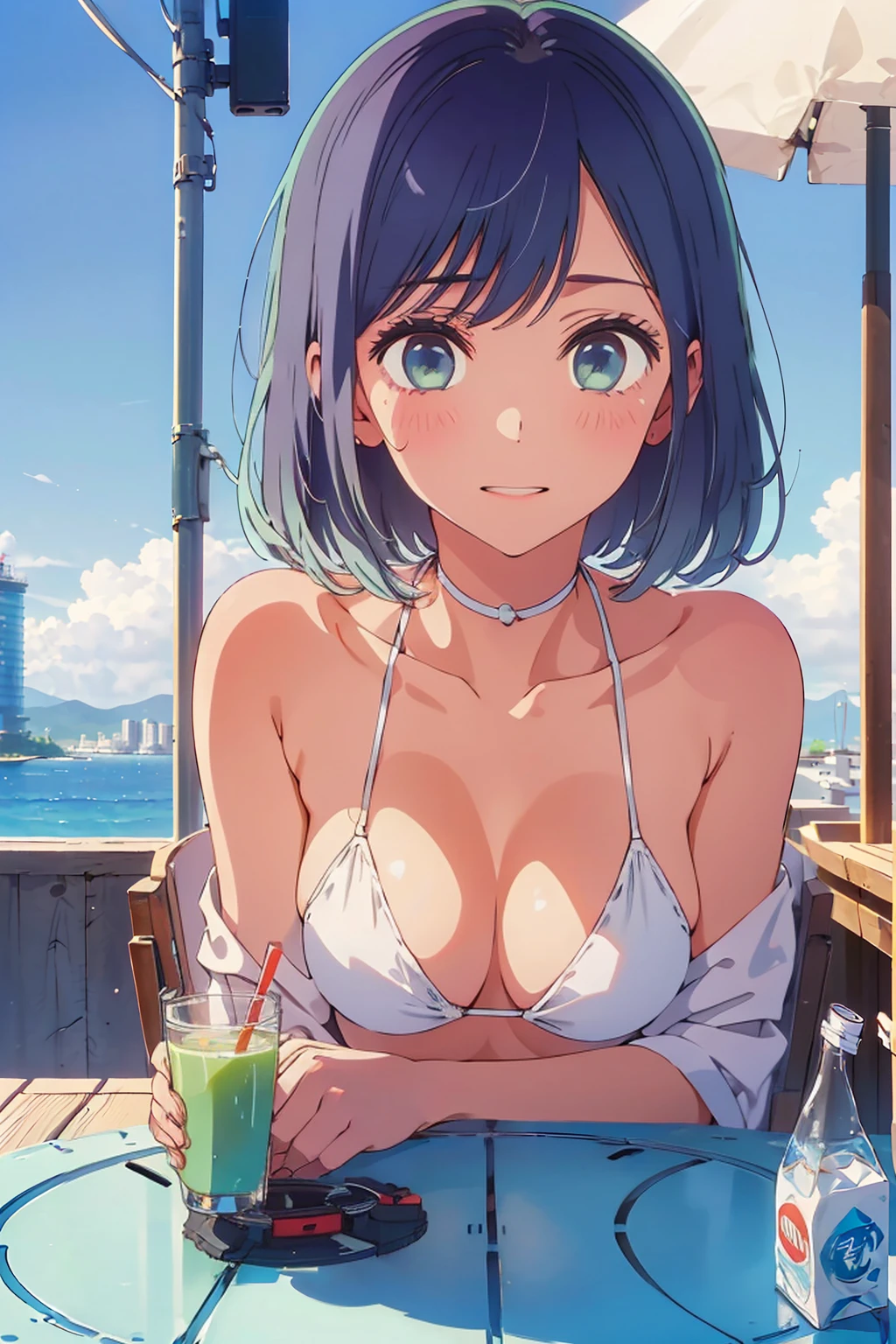 (Highest quality:1.4、8K:1.4、detailed)、F cup bust、Big Breasts、Slim body、Very white beautiful skin、((((1 person、Surprised expression、sit、Chair、In the background are the urban buildings of Tokyo、looking at the camera、Outdoor café terrace、coastal、Navy hair color、juice、White side string high leg bikini、Shooting up close、table、Very cute face))))、(Pose of putting hair behind ears with hands:1.4、nude)、Very blue sky、A completely cloudless sky